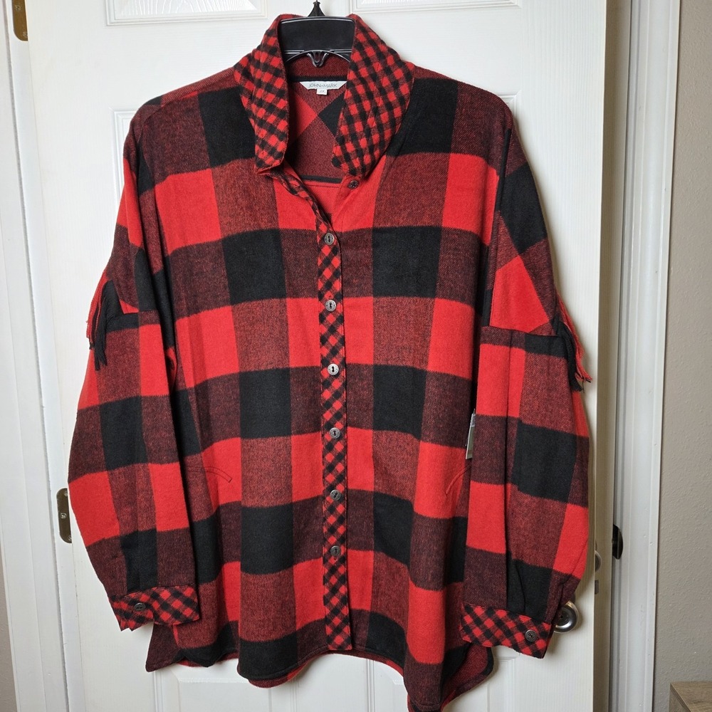 John Mark sz 2X red buffalo plaid button top NWT fringe artsy fall casual winter